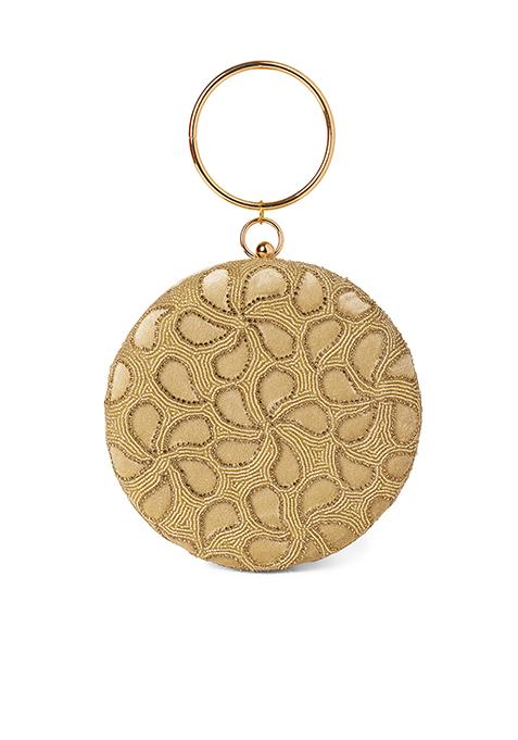 Beige Bead Embroidered Clutch 