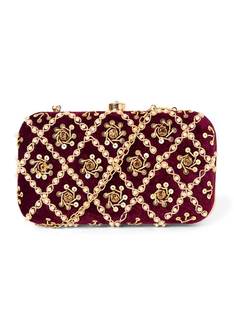 Maroon Zardozi Embroidered Clutch 