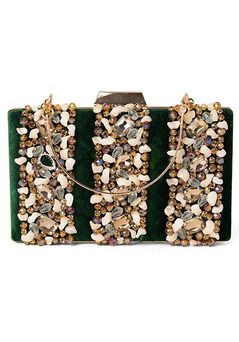 Dark Green Stone Embellished Clutch 