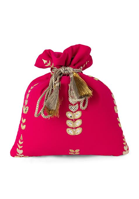 Hot Pink Zari And Gota Embroidered Potli 