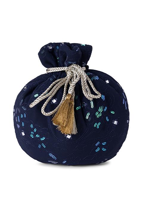 Navy Blue Sequin And Mirror Embroidered Potli