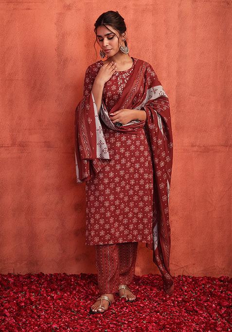 Orange Chanderi Kurta With Pants And Dupatta (Set of 3) 