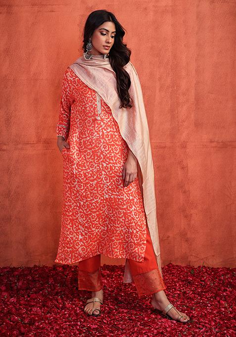 Orange Kurta With Pants And Beige Dupatta (Set of 3)