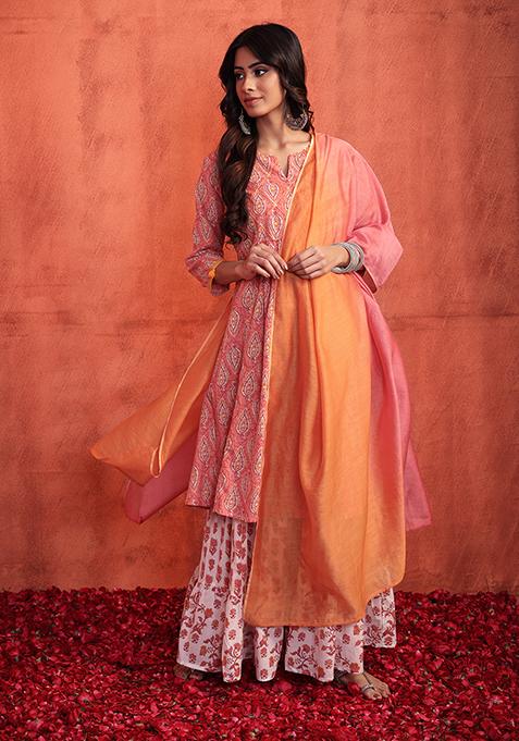 Peach Cotton Sharara With Kurta And Dupatta (Set of 3)  