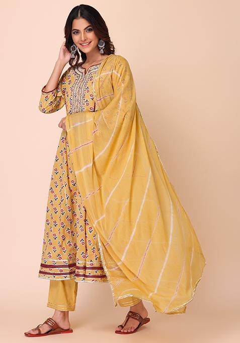 Yellow Cotton Anarkali Kurta With Pants And Dupatta (Set of 3) 