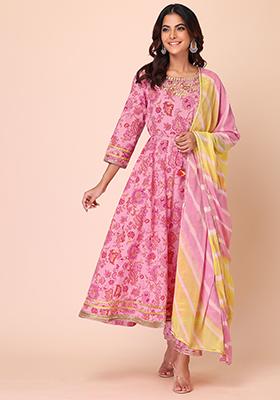 Pink 3/4Th Sleeve Cotton Anarkali Kurta