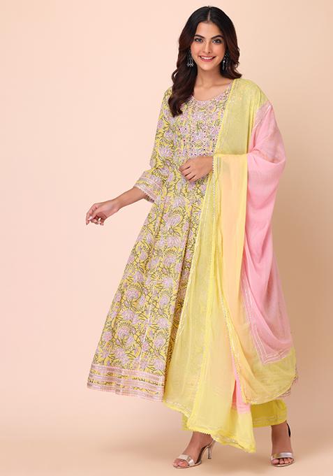 Yellow Cotton Anarkali With Pants And Chiffon Dupatta (Set of 3) 
