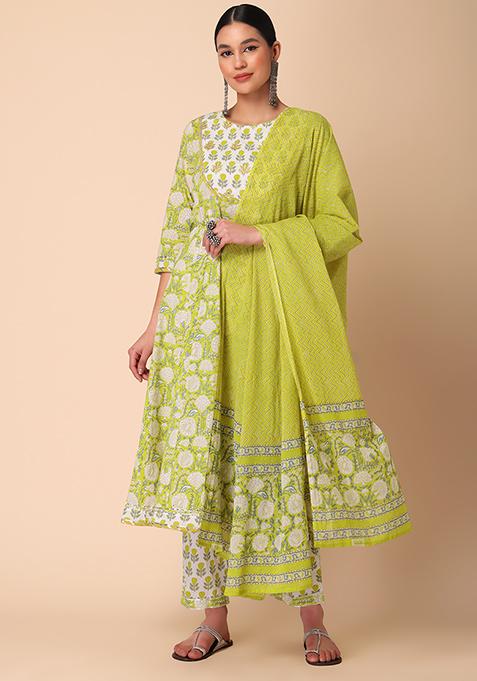 Yellow Cotton Anarkali Kurta With Pants And Dupatta (Set of 3) 