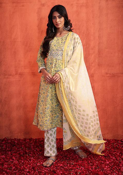 Yellow Cotton Kurta With Ivory Pants And Dupatta (Set of 3)