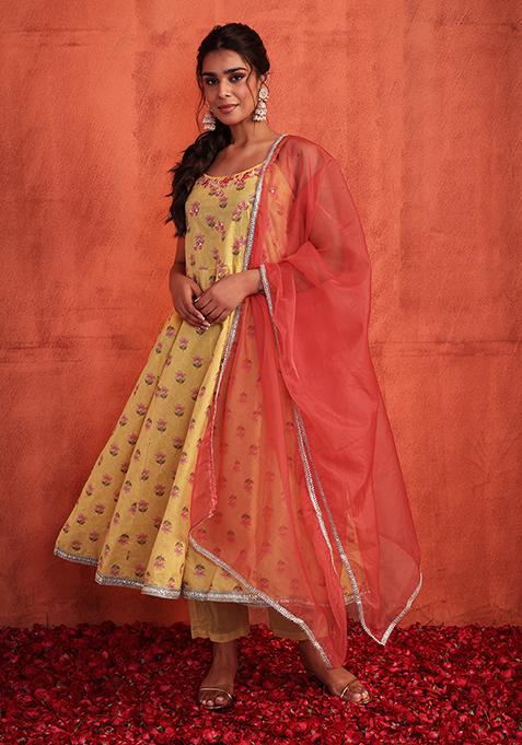 Yellow Cotton Anarkali Kurta With Pants And Organza Dupatta (Set of 3)