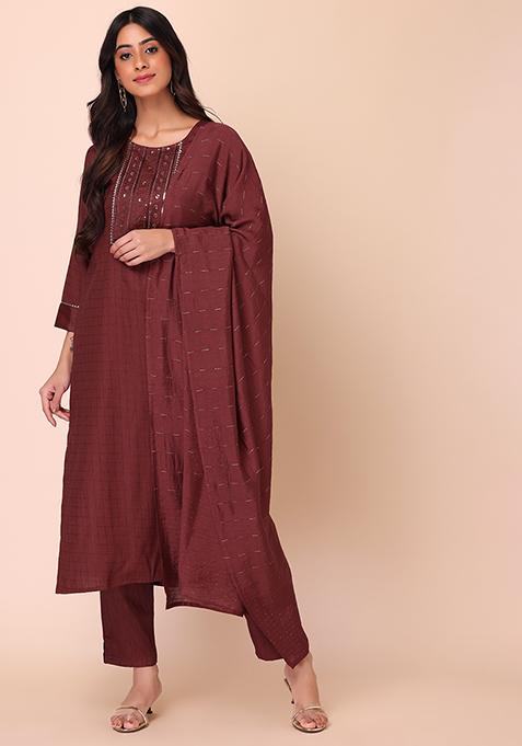 Maroon Rayon Kurta With Pants And Dupatta (Set of 3)