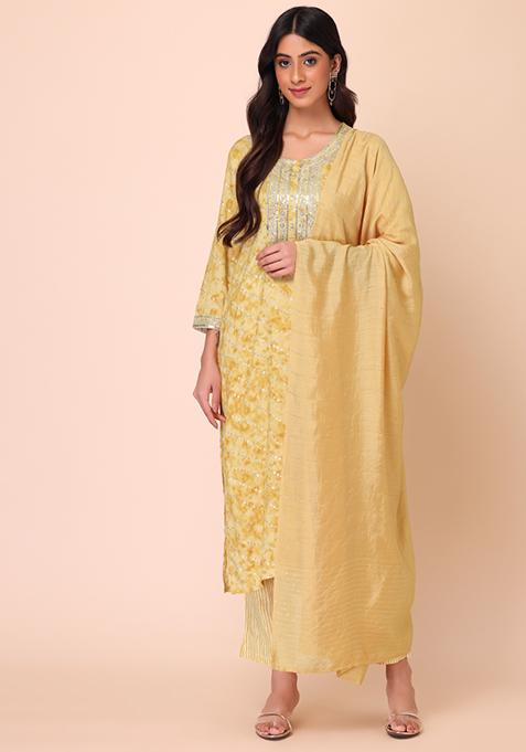 Yellow Rayon Kurta With Pants And Dupatta (Set of 3)