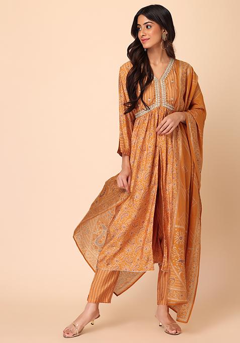 Mustard Yellow Muslin Kurta With Pants And Dupatta (Set of 3)  