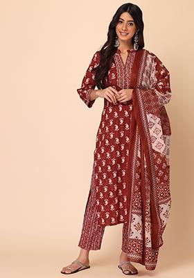 Women Maroon Aztec Print Kurta Trouser Dupatta