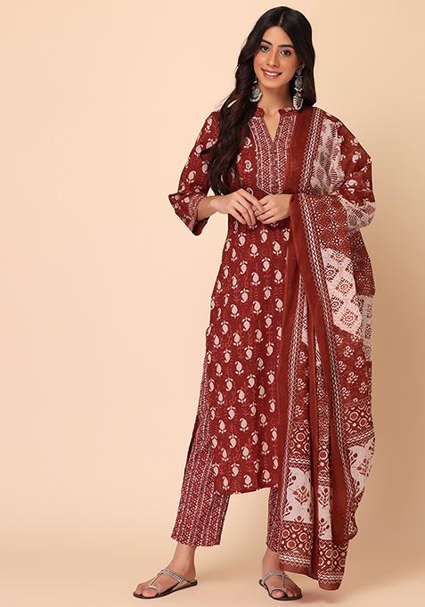 Maroon Cotton Kurta With Pants And Dupatta (Set of 3)