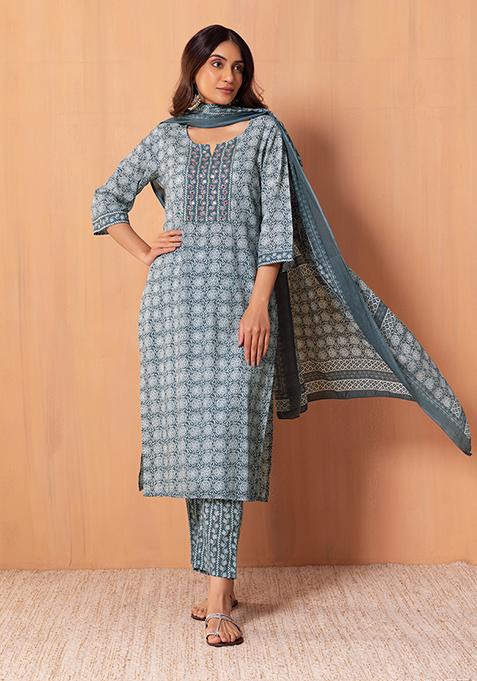 Grey Floral Print Cotton Kurta With Pants And Printed Dupatta (Set of 3) 