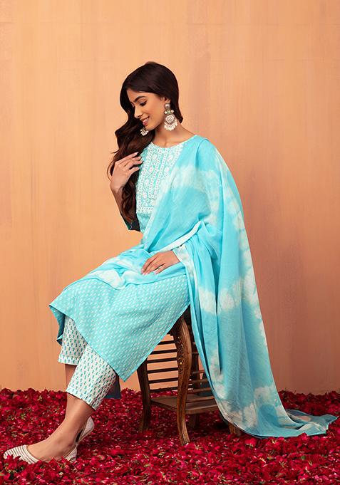 Buy Women Pastel Blue Batik Print Embroidered Cotton Kurta With Pants And  Dupatta (Set Of 3) - Best Picks 2023 - Indya