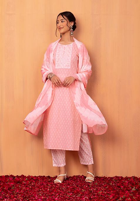 Pastel Pink Batik Print Embroidered Cotton Kurta with Pants and Dupatta (Set of 3)