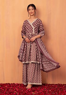 Maroon Cotton Kurta With Pants And Dupattas (Set of 3)