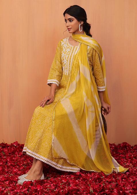 Mustard Bandhani Print Cotton Anarkali Kurta With Pants And Dupatta (Set of 3)