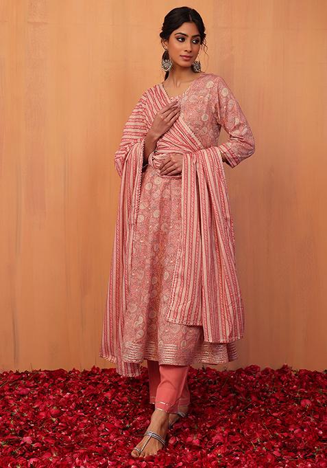 Indian Peach Cotton Silk Anarkali Kurta, Churidar Pant & Dupatta for Women  | 3/4 Sleeves, Round Neck, Ankle Length