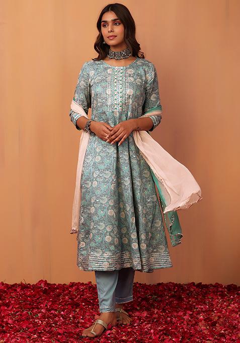 Blue Floral Jaal Print Cotton Anarkali Kurta With Pants And Dupatta (Set of 3)