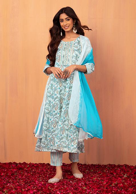 Pastel Green Floral Jaal Print Cotton Anarkali Kurta With Pants And Dupatta (Set of 3)