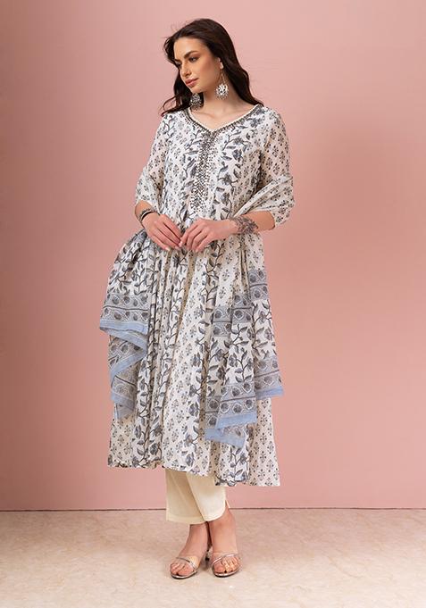 Grey Ikat Print Cotton Anarkali Kurta With Pants And Dupatta (Set of 3)