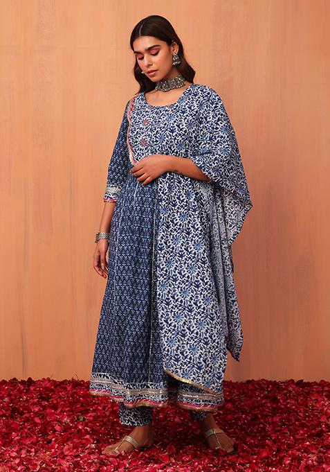 Navy Blue Ditsy Boota Print Cotton Anarkali Kurta With Pants And Dupatta (Set of 3)