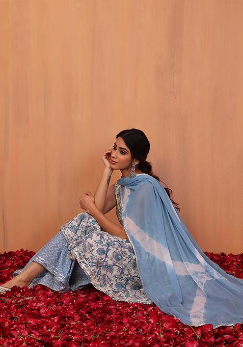 Light Blue Floral Jaal Print Short Kurta With Sharara And Dupatta (Set of 3)