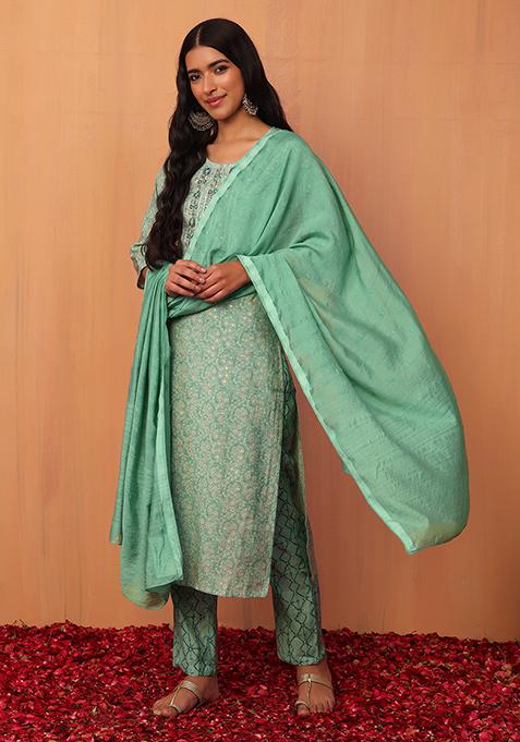 Pastel Green Floral Print Muslin Kurta With Pants And Dupatta (Set of 3)