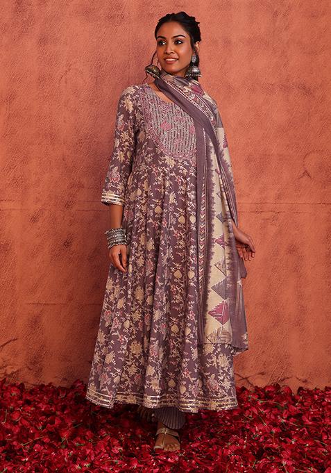 Purple Floral Print Muslin Anarkali Kurta With Pants And Dupatta (Set of 3)