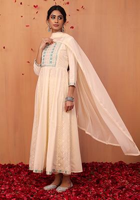 Women Cotton Off White Embroidered Kurta Sharara Dupatta