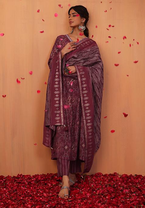 Maroon Cotton Anarkali Kurta With Pants And Dupatta (Set of 3)