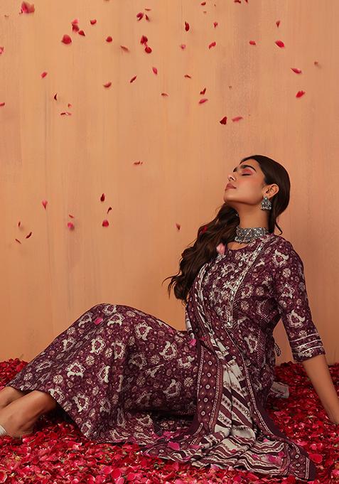 Maroon Floral Print Cotton Kurta With Pants And Dupatta (Set of 3)