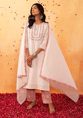 Women Jacquard Off White Woven Jacquard Kurta Comfort Pant Dupatta main image 1