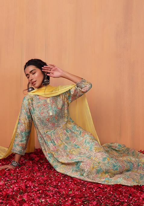 Yellow Floral Jaal Print Cotton Anarkali Kurta And Dupatta (Set of 2)