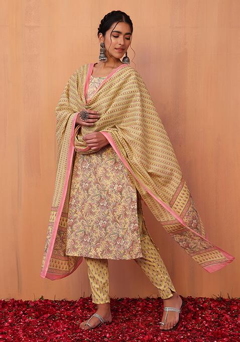 Yellow Floral Jaal Print Cotton Kurta With Pants And Dupatta (Set of 3)