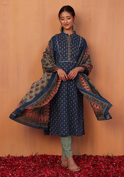 Blue Floral Boota Print Cotton Kurta With Pants And Dupatta (Set of 3)