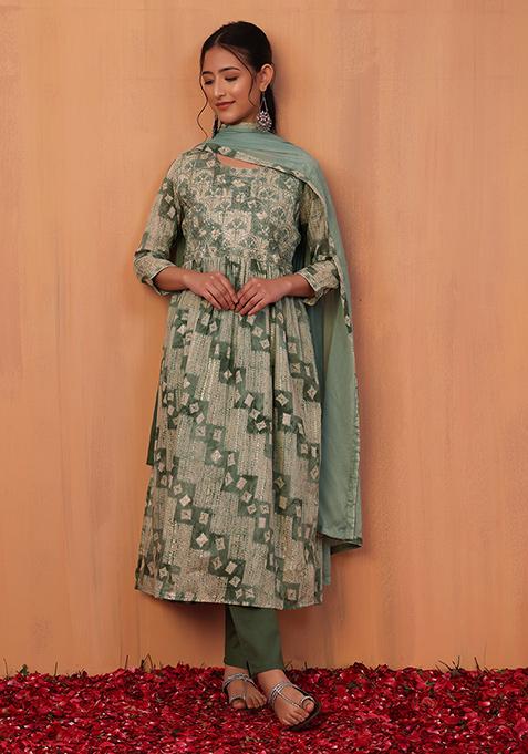 Green Batik Print Muslin Kurta With Pants And Chiffon Dupatta (Set of 3)
