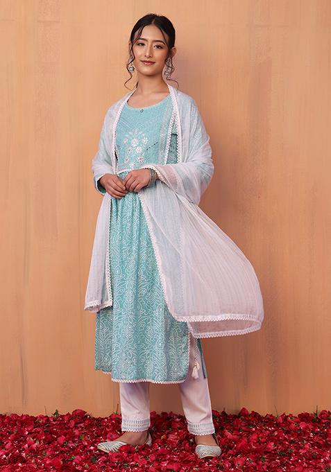 Pastel Blue Bandhani Print Cotton Kurta With Pants And Chiffon Dupatta (Set of 3)