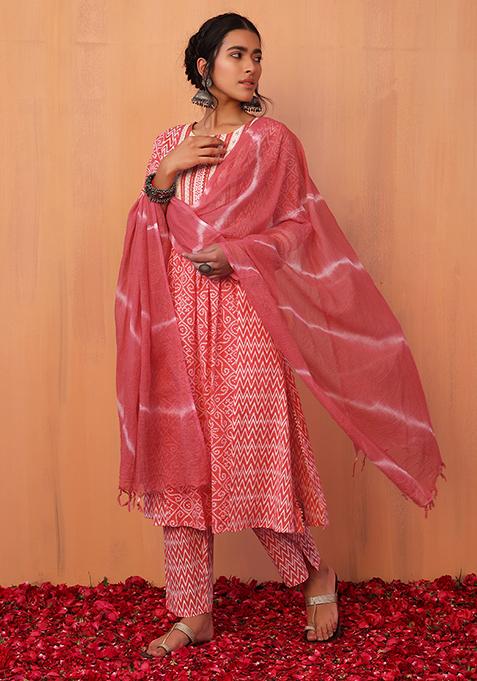 Peach Bandhani Print A-Line Kurta With Pants And Dupatta (Set of 3)