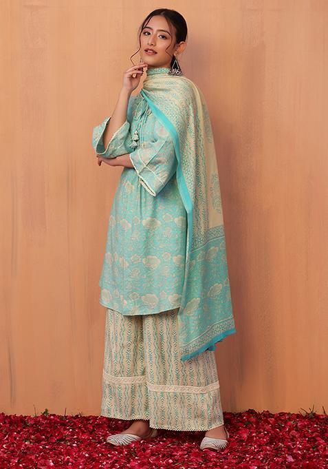 Blue Floral Jaal Print Muslin Anarkali Kurta With Pants And Dupatta (Set of 3)