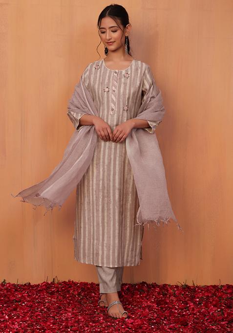 Light Purple Striped Muslin Straight Kurta With Pants And Dupatta (Set of 3)