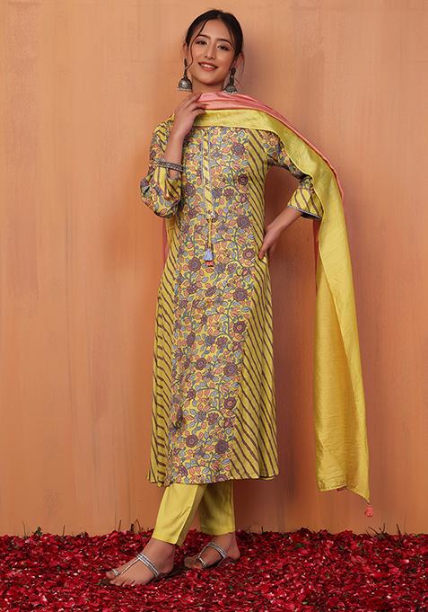 Yellow Floral Leheriya Print Muslin Anarkali Kurta With Pants And Dupatta (Set of 3)