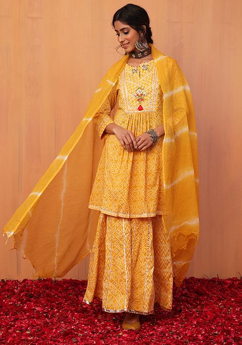 Yellow Bandhani Print Cotton Short Anarkali Kurta With Sharara And Dupatta (Set of 3)