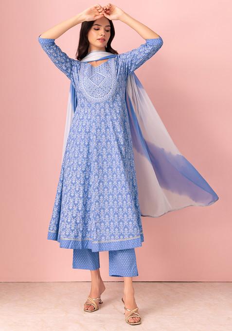 Pastel Blue Floral Print Cotton Anarkali Kurta With Pants And Dupatta (Set of 3)