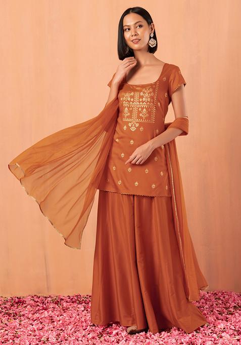 Orange Sharara With Foil Print Kurta And Dupatta (Set of 3)
