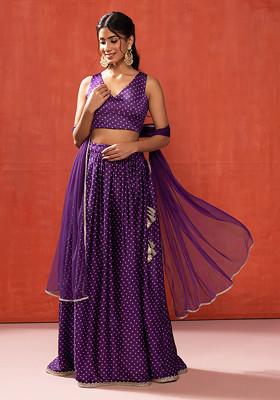 Purple Bandhani Print Lehenga With Blouse And Dupatta (Set of 3)