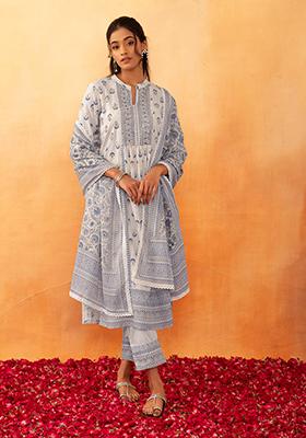 Ivory And Navy Blue Boota Print Cotton Kurta With Pants And Dupatta (Set of 3)